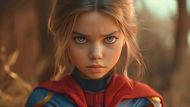 girl plays superhero. Created with Generative AI.