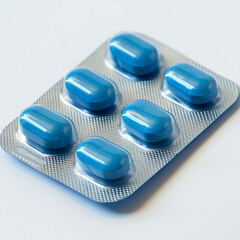 Blister with blue tablets in the form of capsules. Antidepressants in tablets. Fighting depression. Health concept