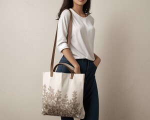 Woman with fashion shopping bags white tote bag design for women - obrazy, fototapety, plakaty