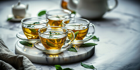 Delightful arrangement of four glass cups filled with golden herbal tea. Fresh green leaves float gracefully on the surface, and the soft lighting adds to the inviting atmosphere. Copy space