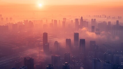 Fototapeta premium Unhealthy air, in an urban area, people wear masks.