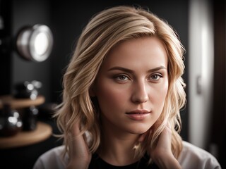 Fototapeta premium Portrait of a beautiful girl model blonde curly hair in hair salon spa