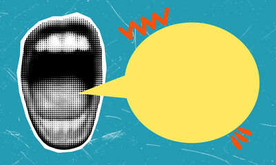 Artistic collage with a screaming mouth on a blue background and a yellow message.