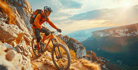Professional Cyclist Riding in the Mountain Bike Down the Rocky Hill. Extreme Sport and Enduro Biking Concept.Ai