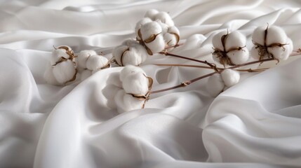 White cotton flowers plant on white cotton fabric background for sustainable fashion or organic products. Eco-friendly textile