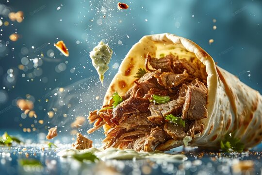 Delicious Shawarma Wrap with Succulent Beef and Fresh Vegetables Splashing, Vibrant Fast Food Concept on Blue Background