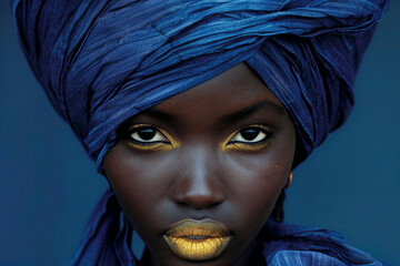 Portrait of a woman with denim headwrap and makeup.