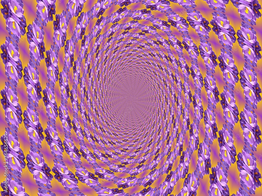 Poster abstract floral spatial background with flowers crocuses - computer graphic with rays and effect of 