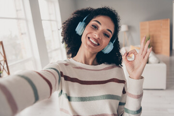 Photo of cute pretty lady dressed striped pullover headphones tacking selfie showing okey gesture indoors apartment room