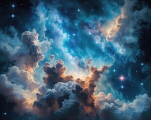 Fototapeta na wymiar Beautiful blue cloudy sky at night with shining stars in space