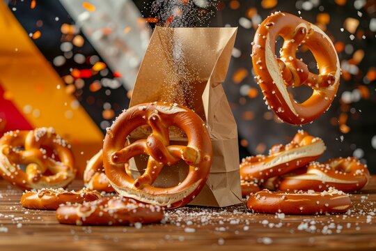 Fresh Baked Pretzels Tumbling out of Paper Bag with Salt Sprinkles and Dynamic Background