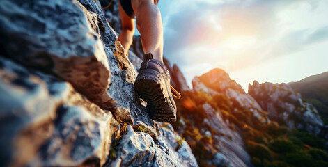 Closeup photo of male hiker legs.Hiker crossing rocky terrain at sunny day.Hiker crossing rocky terrain at sunny day.Ai - obrazy, fototapety, plakaty