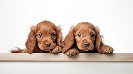 Two cute cocker spaniel puppies looking over edge of table