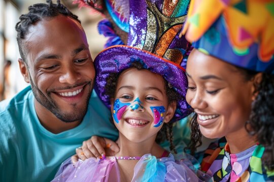 Happy Family Enjoying Festive Carnival Celebration Dressed in Colorful Costumes and Face Paint Embracing Togetherness