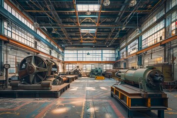 Industrial Warehouse Interior with Large Machines and Metal Structures, Sunlight Streaming Through...