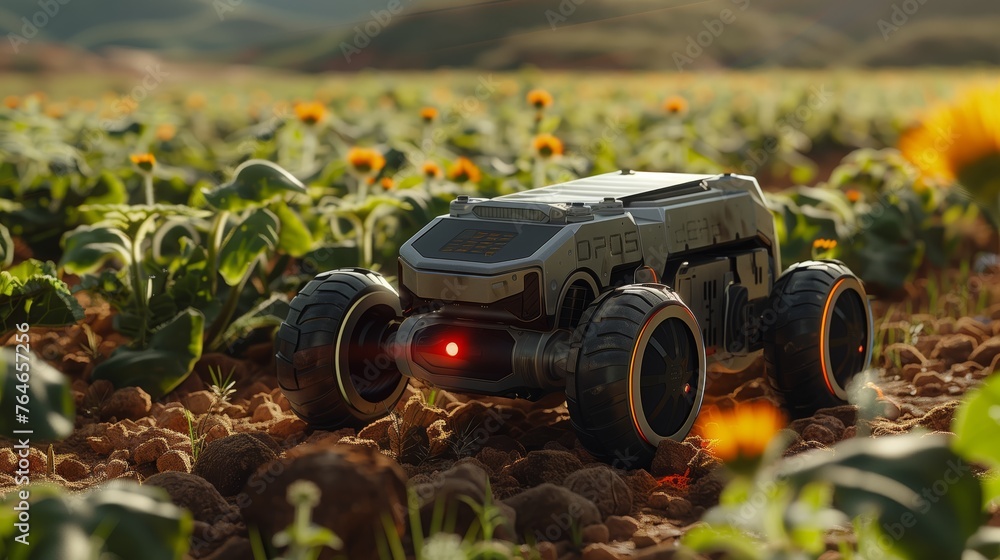 Poster all-terrain robot navigating through a sunflower field at sunset
