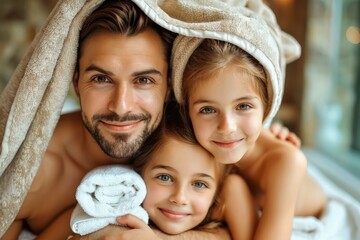 Smiling Family Wrapped in Towels Enjoying Spa Day Together, Father with Daughters Sharing Quality Time