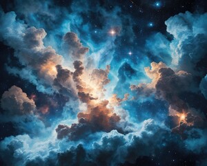 Beautiful blue cloudy sky at night with shining stars in space
