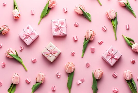 Photo of pink tulips and gift boxes on a pink background in a flat lay top view