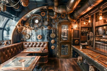 Vintage Steampunk Inspired Cafe Interior with Industrial Metalwork, Leather Booths, and Retro Details - obrazy, fototapety, plakaty