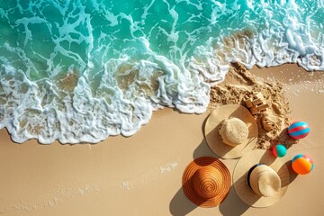 Tropical Beach Vacation Concept with Sand, Sea Waves, Sun Hat, and Colorful Balls on Sunny Shoreline - obrazy, fototapety, plakaty