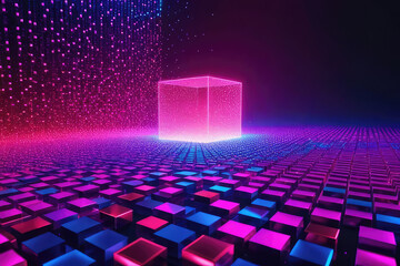 Glow red pink purple blue digital landscape with cube particle