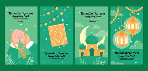 Collection of Ramadan Kareem Background. Islamic Template with Mosque, Lantern, Moon, Floral, Prayer, Kuran Element Vector Illustration