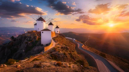 Foto auf Acrylglas Majestic windmills atop a hill during sunset. Scenic landscape and peaceful countryside. Travel and energy concept with idyllic view. AI © Irina Ukrainets
