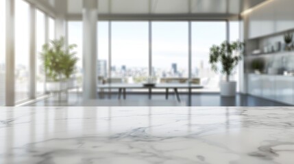 Fototapeta premium \White open space interior with marble countertop and a blurred modern workspace background