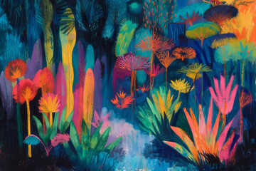 An abstract representation of an enchanted forest, alive with otherworldly plants rendered in a captivating riot of oil pastel colors, invoking a dreamlike ambiance. - obrazy, fototapety, plakaty