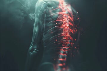 X-ray of a Woman's Spine Showing Inflammation and Muscle Tension with Red Overlay Indicating Sports Injury. Concept Medical Imaging, Inflammation Diagnosis, Spinal Health, Sports Injury Assessment - obrazy, fototapety, plakaty
