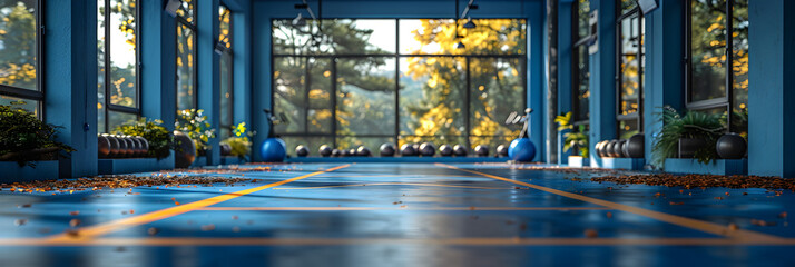 Empty Fitness Gym Studio,
Arafed gym room with treads and machines in front of large windows - obrazy, fototapety, plakaty