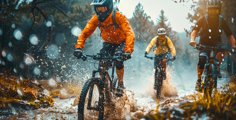 Mountain biker cycling through the river bed. Ideal to express the concept of adventure. Copy space.Ai
