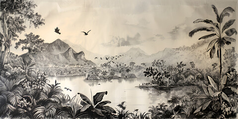 Forgotten Rainforest Ink and Wash Representation of a Tropical Scenery in the 19th Century French Academy Style. A Mural Depicting Naturalistic Wildlife with Mountains, Birds, and Rivers. 
