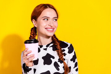 Photo of cheerful good mood lady dressed cowskin print top enjoying coffee looking empty space...