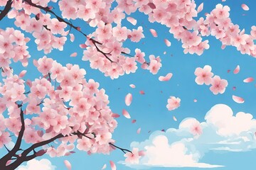 Illustration of a blue sky and falling cherry blossom petals.