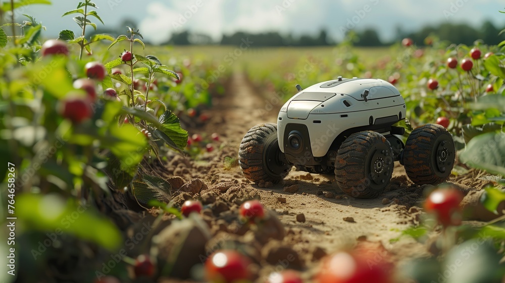 Aufkleber Autonomous Robot Navigating Through a Tomato Field on a Sunny Day