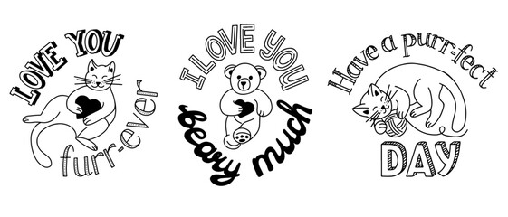 Hand drawn contour childish lettering with animals. Birthday or valentines day concept. Word play lettering. Isolated colored illustration on white background. Good for poster