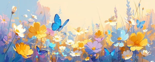 Abstract colorful background with flowers and blue butterflies, in the style of oil painting