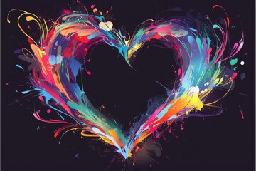 Abstract colorful heart shape with splash paint effect on black background - obrazy, fototapety, plakaty