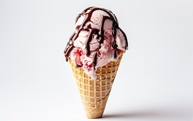 Photo of strawberry ice cream in a cone with chocolate sa - obrazy, fototapety, plakaty