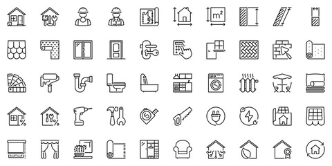 Line icons about home renovation as comprehensive reforms, rehabilitation, construction, architecture and interior design. Editable stroke and pixel perfect. - obrazy, fototapety, plakaty