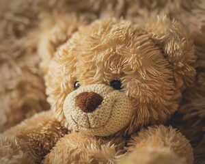 Fluffy teddy bear close-up, showcasing intricate stitch patterns, under soft, warm lighting, cozy feel