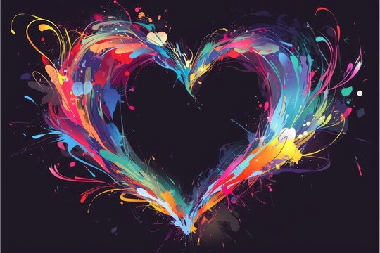 Abstract colorful heart shape with splash paint effect on black background