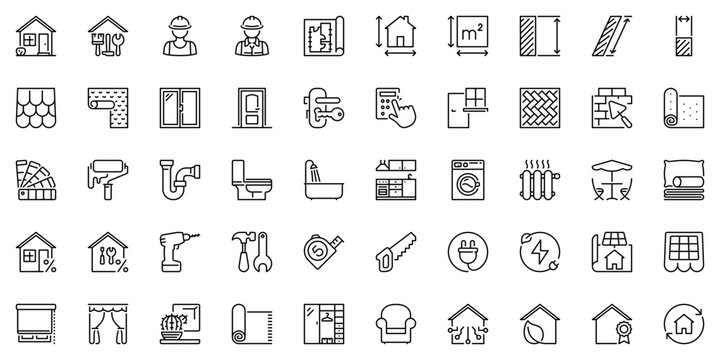 Line icons about home renovation as comprehensive reforms, rehabilitation, construction, architecture and interior design. Editable stroke and pixel perfect.