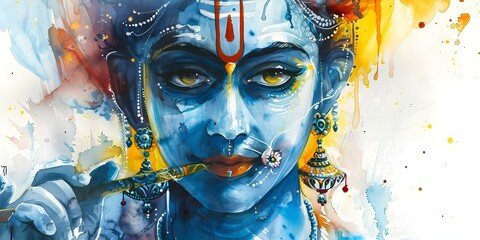 Traditional Watercolor Painting of Hindu Deity Lord Krishna. Concept Traditional Art, Watercolor Painting, Hindu Deity, Lord Krishna, Religious Iconography - obrazy, fototapety, plakaty