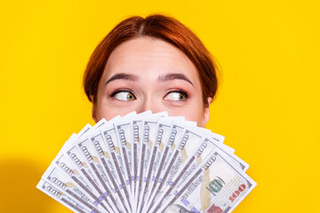 Photo of cheerful tricky lady holding cash fan looking empty space isolated yellow color background
