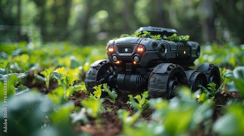 Poster robotic vehicle exploring a forest floor at dusk