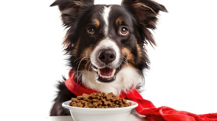 Excited australian shepherd ready for mealtime. cute dog with red scarf and food bowl. pet nutrition and lifestyle conceptualized. perfect for pet care publications. AI