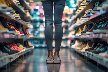 Back view of woman's legs in shoe store - obrazy, fototapety, plakaty